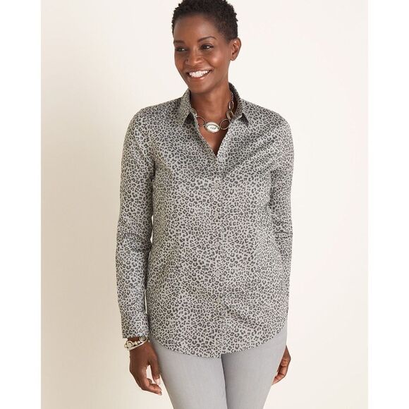 Chicos Animal Print Cool Max‎ All Season Button Down Blouse No Iron Grey 2 - Picture 1 of 15